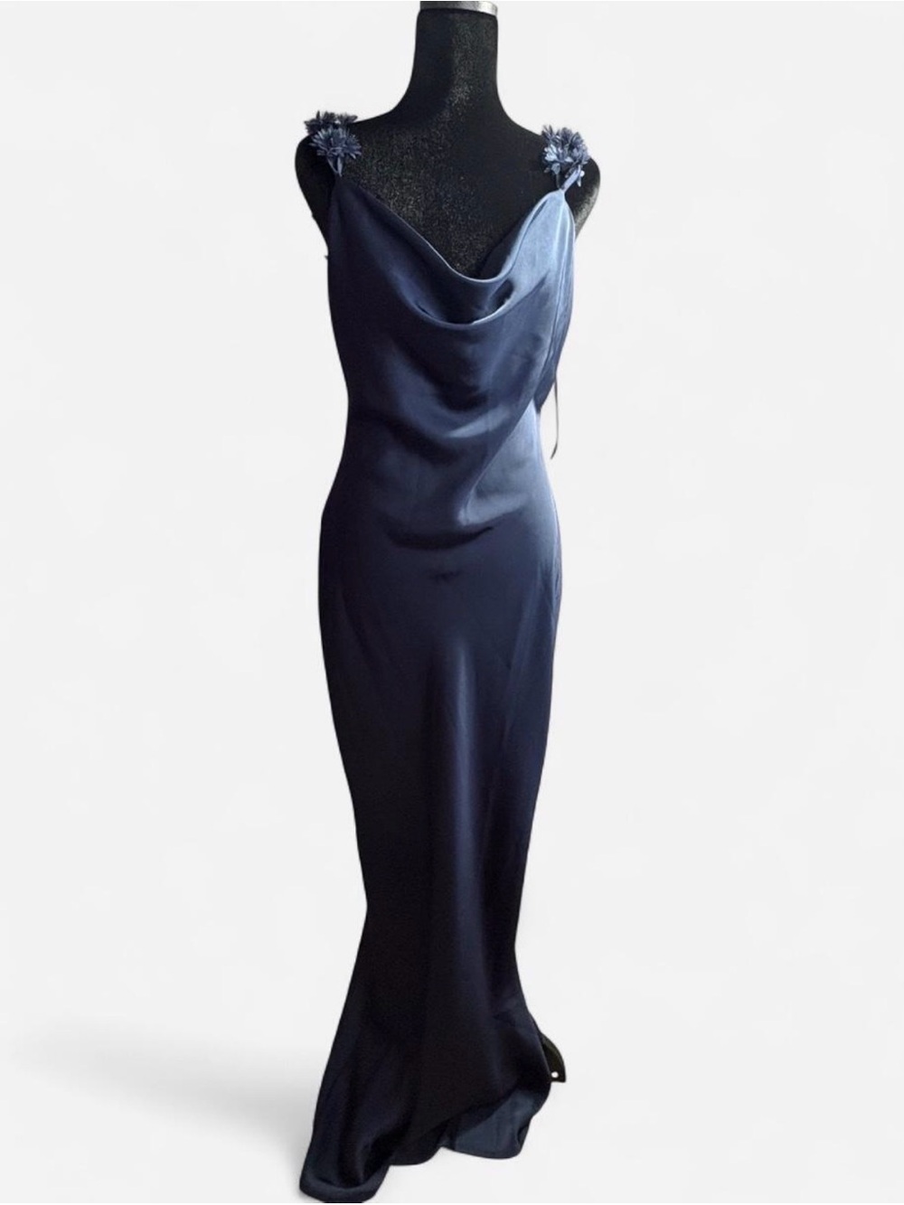 Altar'd State Navy Blue Satin Cowl Neck Maxi Dress with Floral Shoulder Detail